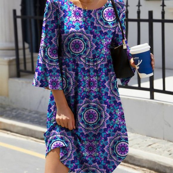 Blue & Purple Floral Three-Quarter Bell-Sleeve Empire-Waist Dress - Picture 1 of 2